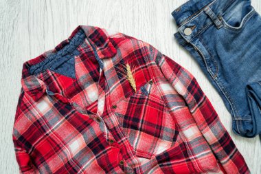 Kareli gömlek ve mavi jeans. Moda kavramı
