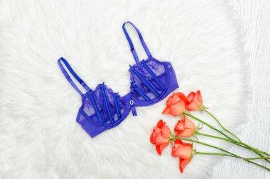 Kürk ve turuncu Gül menekşe dantel büstiyer. Moda kavramı.