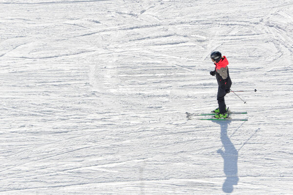 BUKOVEL, UKRAINE- 27 JANUARY 2018: Girl skiing on a ski track