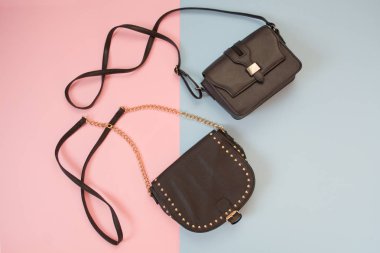 Moda kavramı. İki siyah çanta. İhale pembe ve mavi arka plan
