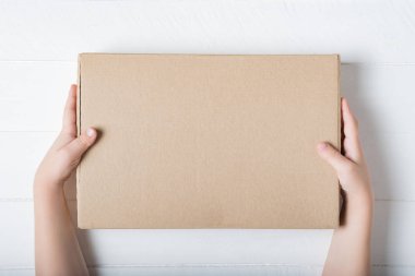 Çocukların elinde dikdörtgen karton kutu. Üst görünüm, beyaz arkaplan