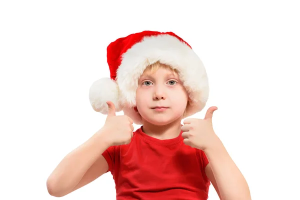 Blondyn w kapeluszu Mikołaja pokazuje klasowy gest. Izolacja — Zdjęcie stockowe