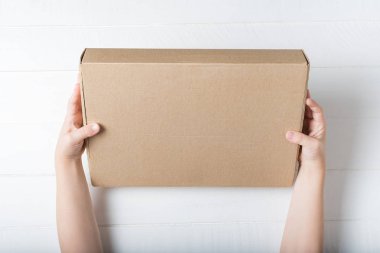Çocukların elinde dikdörtgen karton kutu. Üst görünüm, beyaz arkaplan