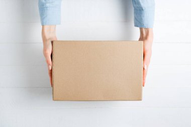 Kadın ellerinde dikdörtgen karton kutu. Üst görünüm, beyaz arkaplan