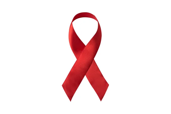 Κόκκινη κορδέλα απομονωμένη σε λευκό φόντο. Σύμβολο ελέγχου του AIDS. Ακριβώς από πάνω — Φωτογραφία Αρχείου