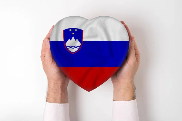 Flaga Słowenii na pudełku w kształcie serca w męskich rękach. Białe tło — Zdjęcie stockowe