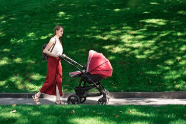 Bebek arabasında bebeğiyle yürüyen genç bir anne. Annem yeni yürümeye başlayan çocuğuyla bebek arabasını itiyor.