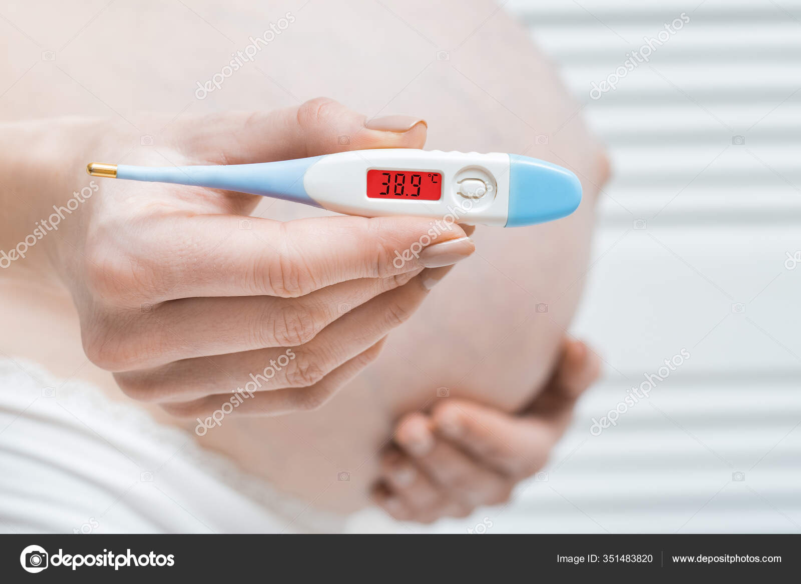 Pregnant Woman Thermometer Hand High Temperature Illnesses Pregnancy Concept Stock Photo Image By C Somemeans 351483820