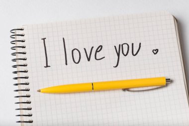 Seni seviyorum, deftere kazınmış yazı. Not defterine kalem. Beyaz arkaplan, kapat