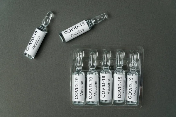 Coronavirus Vakcina Covid Gyógyszeres Üvege Szürke Alapon Koronavírus Járvány — Stock Fotó