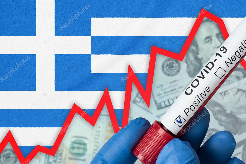 Coronavirus in Greece. Positive blood test on flag background. Increase in incidence. Economic crisis.