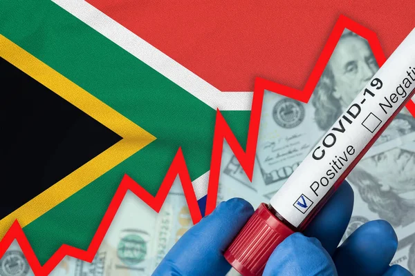 Coronavirus Zuid Afrika Positieve Bloedtest Vlaggenachtergrond Stijging Van Incidentie Economische — Stockfoto