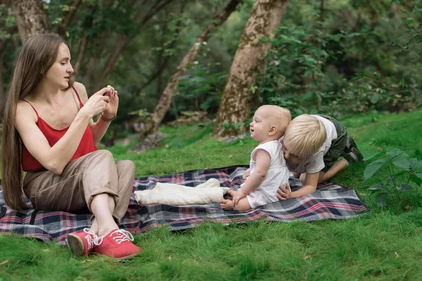Young mother taking pictures of their children on phone. Picnic with the whole family
