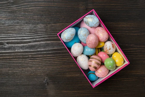 Rectangular Box Bright Multi Colored Easter Eggs Wooden Background Top — Stock Photo, Image