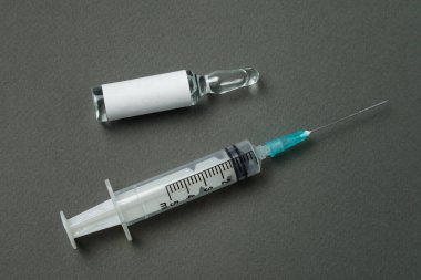 Gri arka planda ilaç ve şırınga şişesi. Uzayı kopyala Model.