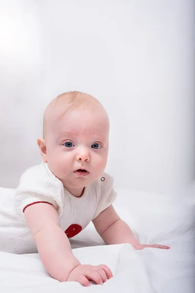 Portrait Cute Little Baby Lying Bed Months Baby Vertical Frame Royalty Free Stock Images