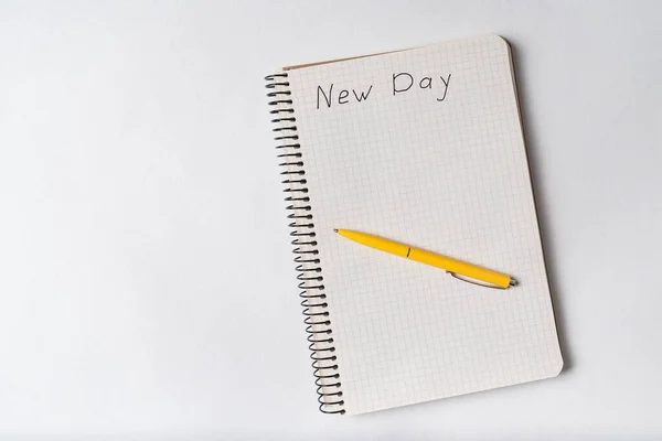 Inscription New Day Notepad Beginning Day Handwritten Inscription Notebook — Stock Photo, Image