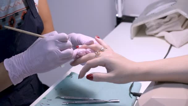Mästaren sätter en penselteckning på naglarna. Professionell manikyr. Förfarande i SPA-salongen. — Stockvideo