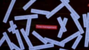 Büyüteçle el, zaman yönetimi cümlesine odaklanıyor. Çözüm bulmak. Koyu tahta masada etiket bulutu.