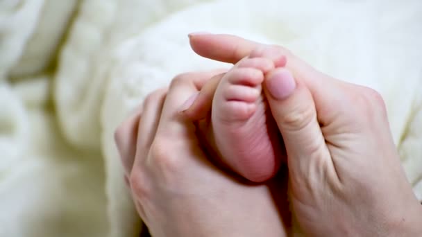 Die weibliche Hand massiert den Fuß des Babys. Fürsorge und Mutterschaft. Nahaufnahme — Stockvideo