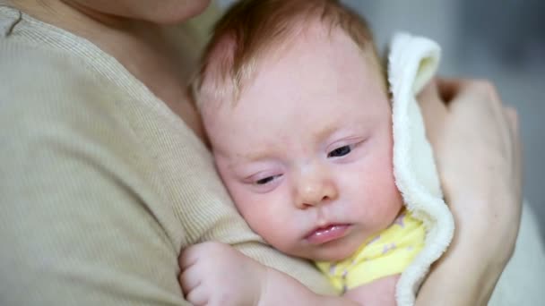 熟睡的婴儿躺在母亲的胸前 妈妈抱着新生儿 在头顶上亲吻它 — 图库视频影像