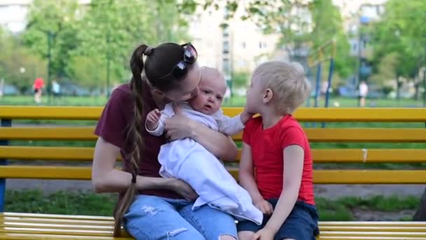 Mãe Duas Crianças Sentadas Banco Park Big Irmão Beijando Irmãzinha — Vídeo de Stock