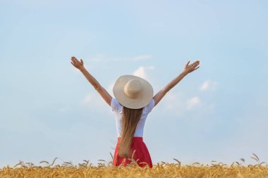 Şapkalı genç bayan buğday tarlasında yürüyor ve ellerini kaldırdı. Cinsiyet eşitliği ve bağımsızlık.