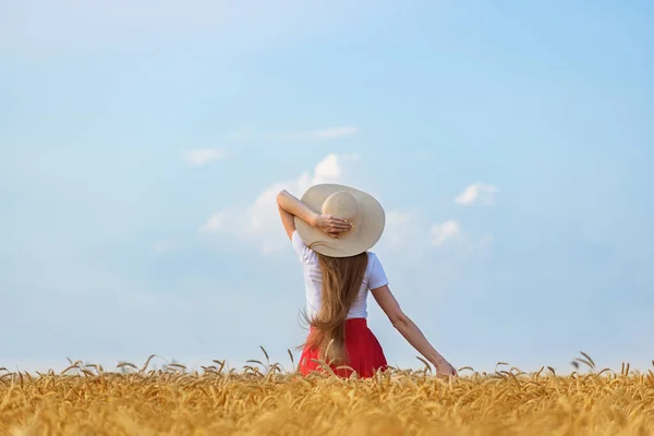 Ung Kvinna Hatt Vetefält Och Himmel Bakgrund Frihet Koppla Naturlighet — Stockfoto