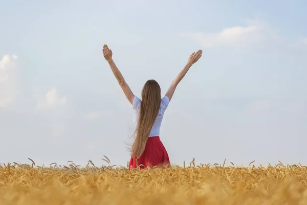 Young Woman Stands Middle Wheat Field Raised Her Hands Beautiful — Stock Photo, Image
