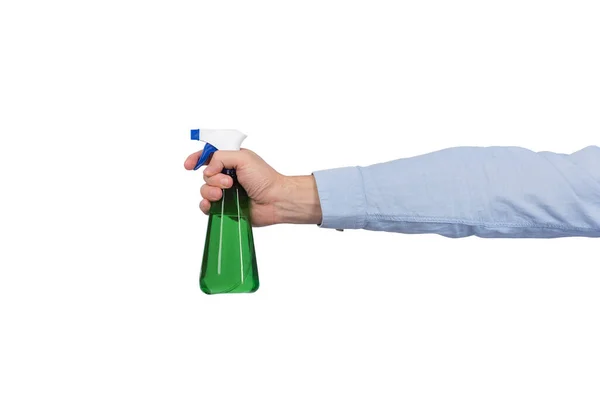 Зелена Пляшка Спрею Чоловічій Руці Ізольована Білому Тлі Вид Збоку — стокове фото
