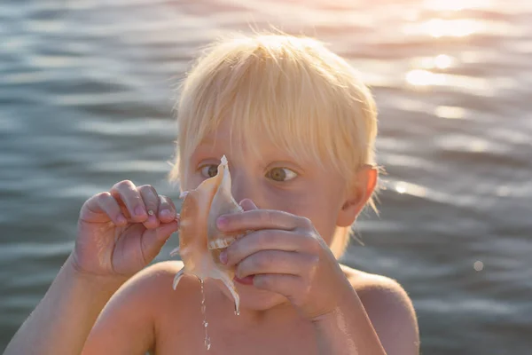 Child stares at shell. Funny fair-haired boy playing with shell on sea background.