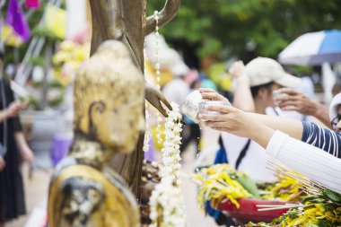 İnsanlar Buda heykeline su döküyor. Bu bir ibadet jesti. İnsanlar geleneksel Chiang Mai Bhudist festivaline katılıyor..
