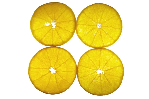 Frutas Laranja Suculentas Fatias Frescas Colocadas Sobre Fundo Branco Textura — Fotografia de Stock
