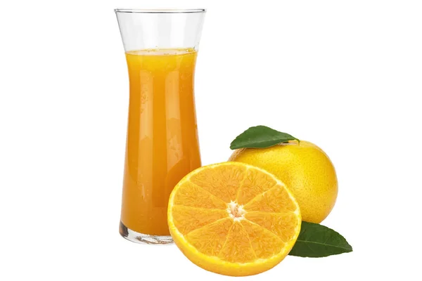 Frischer Orangensaft Fruchtgetränk Glas Über Weißem Hintergrund Tropische Orangenfrüchte Zur — Stockfoto