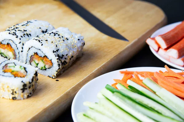Суши Ролл Приготовления Любимое Блюдо Японской Кухни Рецепт Концепции — стоковое фото