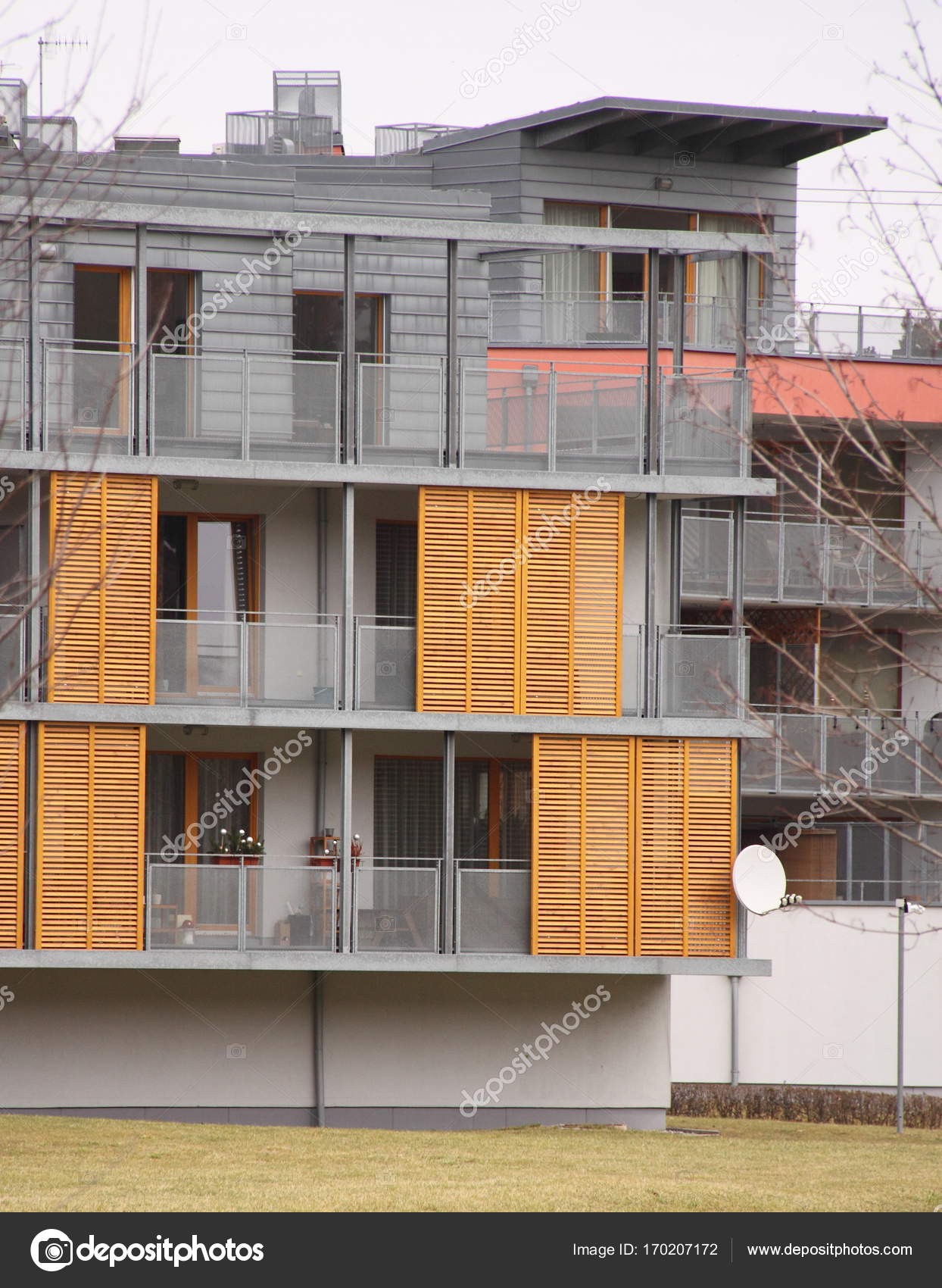 Detail of modern house facade with wooden shades — Stock