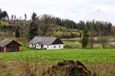 Gölet gölet ve orman tarafından küçük beyaz ev