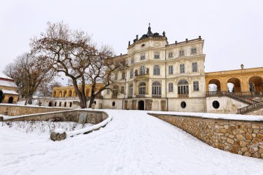 Kışın yapraksız ağaçları ile Ploskovice Kalesi