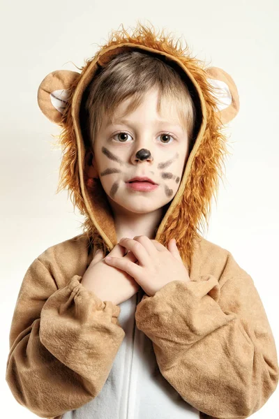 Portrait frontal du garçon habillé pour lion avec moustaches — Photo