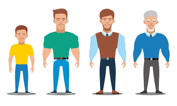Personagens de desenhos animados mostrando o progresso da idade. Gerações de pessoas. Todas as faixas etárias do homem europeu —  Vetores de Stock