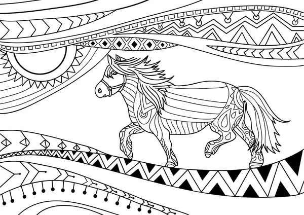 Coloring book for adults. Line art design. The horse in national patterns — Stock vektor