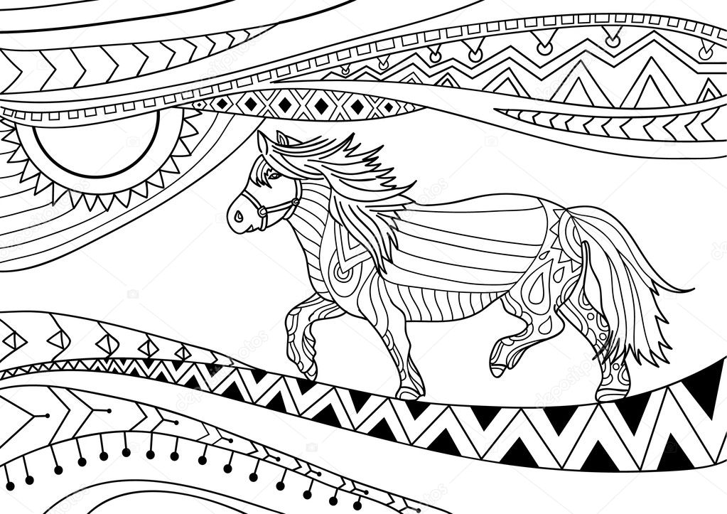 Coloring book for adults. Line art design. The horse in national patterns