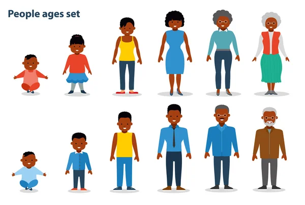 The set of people of different ages on the rise, from infant to the old man. African american ethnic people. Flat — Stock vektor