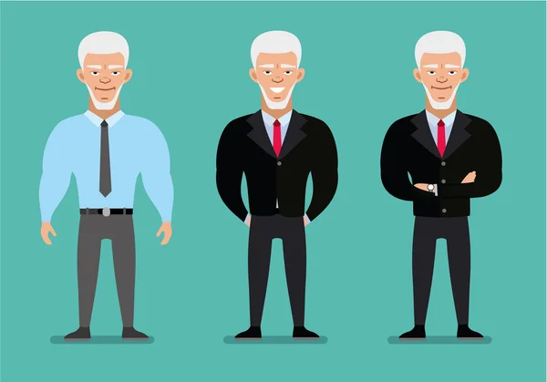Empresário idoso elegante em três poses e roupas diferentes. Personagem de desenhos animados. Ilustração plana — Vetor de Stock