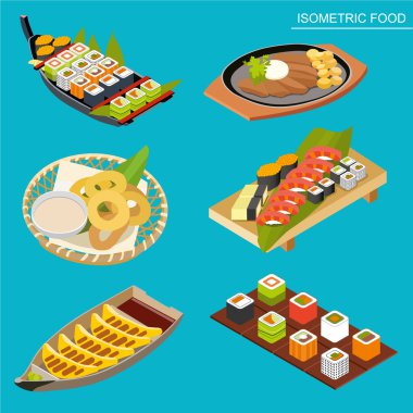 Isometric Flat Japanese seafood set. Sushi, maki rolls and other. clipart