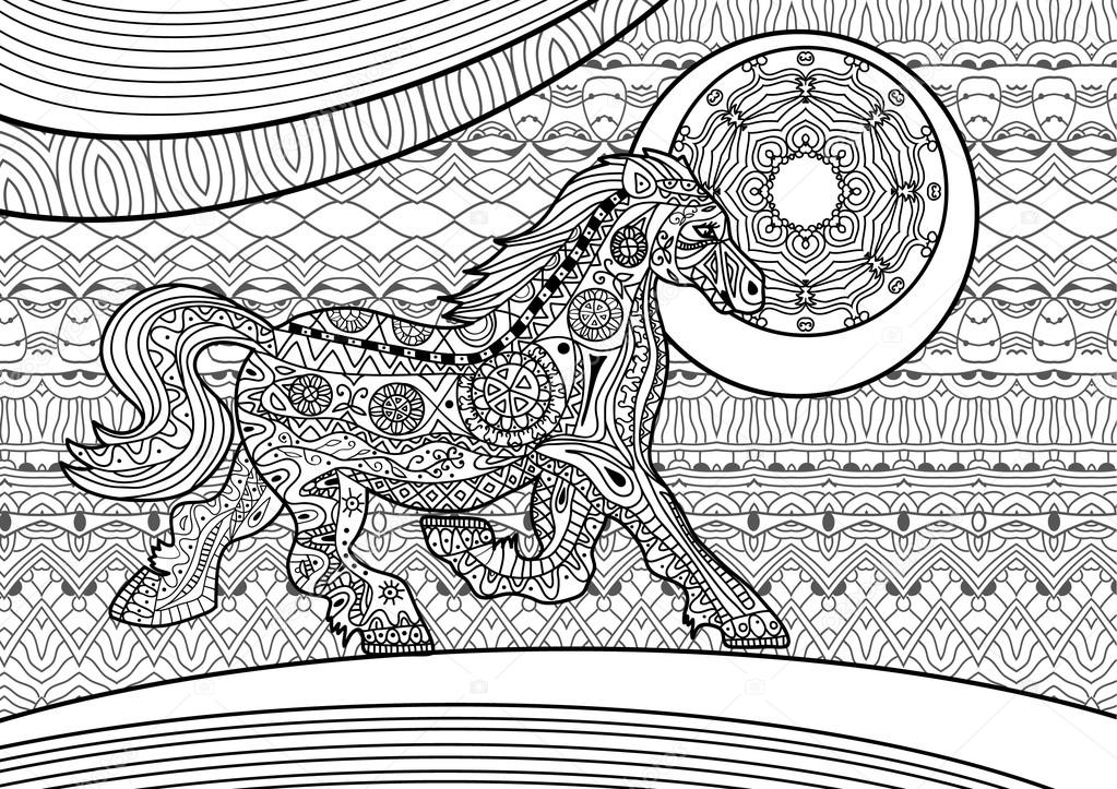 Zenart. Running horse on the pattern background. Coloring book