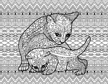 Zendoodle coloring book for adults. Mother cat with kitten clipart