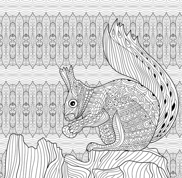 Livre à colorier pour adultes. L'écureuil est assis sur un tronc d'arbre. Art linéaire . — Image vectorielle