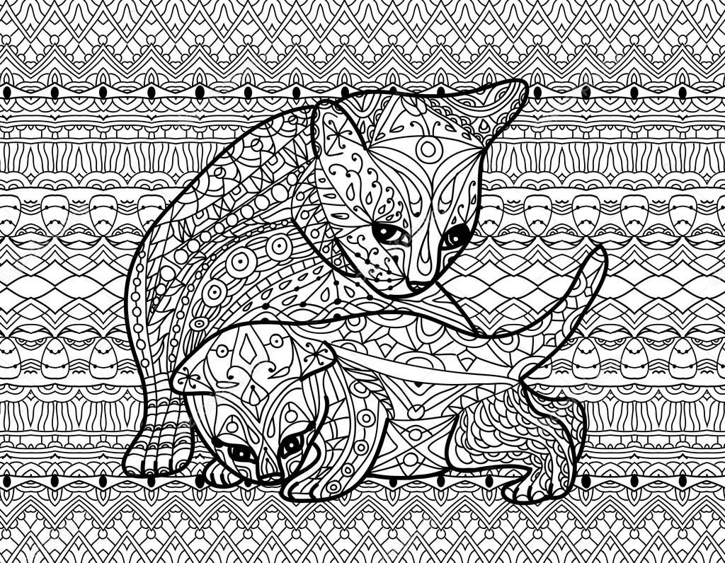 Zendoodle coloring book for adults. Mother cat with kitten