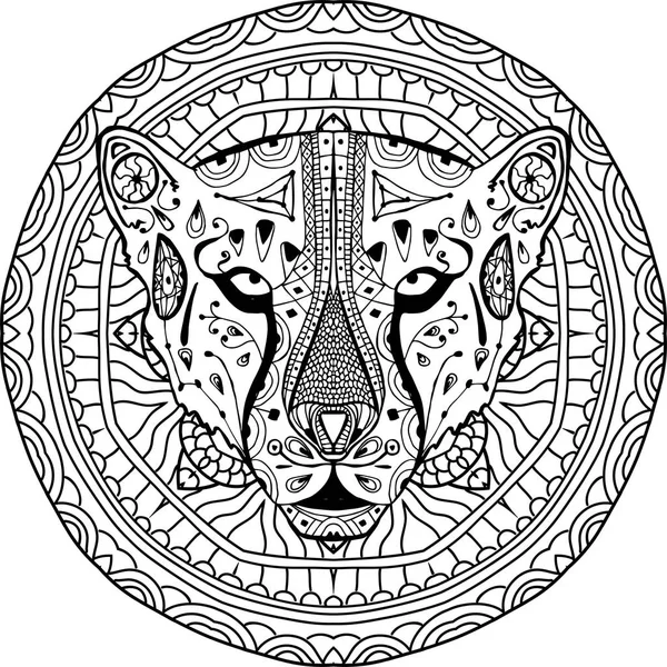 Element voor uw ontwerp. Nationale etnische circulaire patroon met het hoofd van een Cheetah. Kleurplaat — Stockvector